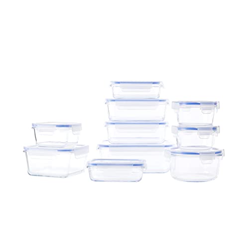 Amazon Basics - Recipientes de cristal para alimentos, con cierre 20 Piece Set (10 envases + 10 tapas), sin BPA, Transparente, Azul