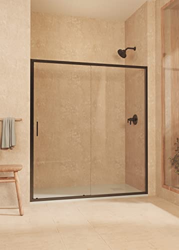 SOULBATH Mampara de Ducha Frontal corredera + Fijo, con Perfil Inferior, Fácil instalación Vidrio de Seguridad 6mm antical, 108,5 a 113 cm Ancho Adaptable x 195cm Alto, Reversible, Negro Mate