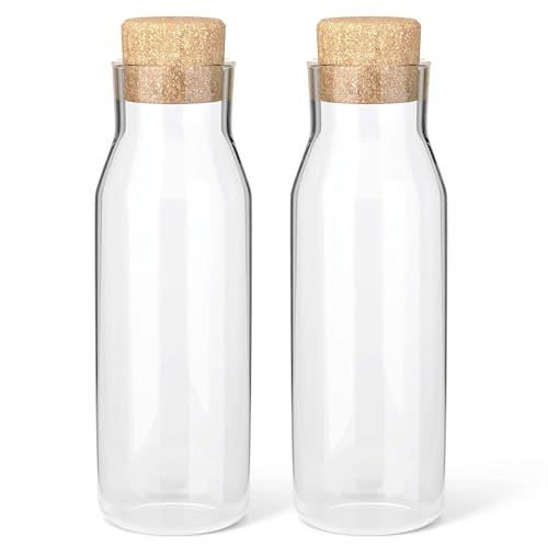 HEFTMAN Juego de 2 Botellas Cristal de 1 Litro - Botella Vidrio Transparente para Bebidas FrÃ­as y Calientes, Jarra con Tapa de Corcho, Tarros Suavizantes de Tela Reutilizables con Tapones