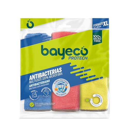 Bayeco - Bayeta Copptech Antibacterias - 100% Microfibra - TecnologÃ­a Que Elimina 99,9% de bacterias - Pack Multiusos 3 Unidades & Bayeta Cristales y baÃ±os - SoluciÃ³n Espejos- 1 Unidad