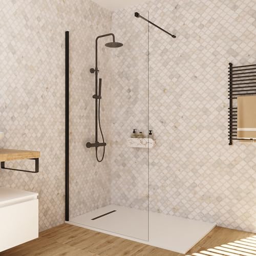 BAIKAL Mampara de Ducha. Panel Fijo de 100cm. Perfil Negro Mate. Cristal Transparente Templado 8mm de espesor. Tratamiento Antical. Alto 195 cm. Brazo adaptable 60-100cm.