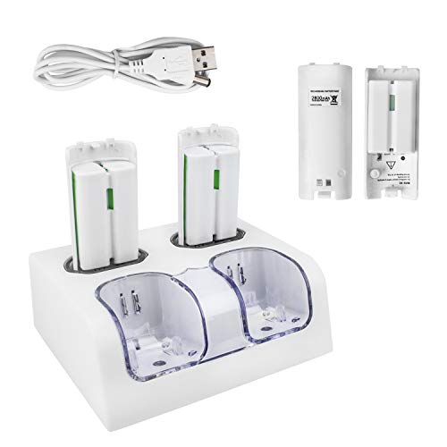 TechKen Wii Controller Charger, EstaciÃ³n de Carga para 2 Mandos de Wii y 2 Akkus Wii Wiimote Charging Station con 4 BaterÃ­as de 2800MAH (White)