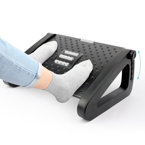Reposapies de Oficina, MXTIMWAN El Reposapiés de Escritorio Ajustable en 6 Niveles, Taburete de pie ajustable para escritorio con Función de Masaje, Alturaantideslizante para pies alivia el dolor