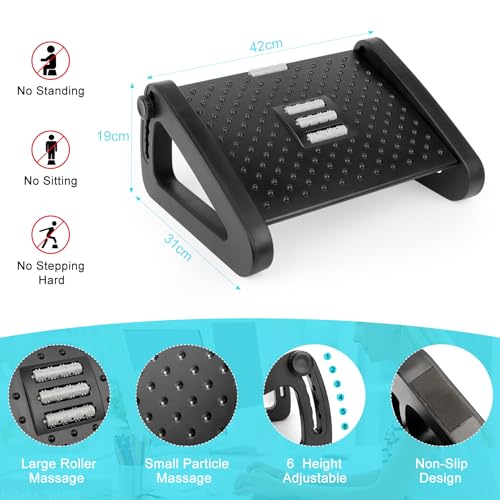 Reposapies de Oficina, MXTIMWAN El Reposapiés de Escritorio Ajustable en 6 Niveles, Taburete de pie ajustable para escritorio con Función de Masaje, Alturaantideslizante para pies alivia el dolor