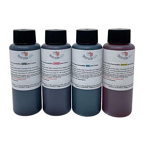 4 X Botellas de tinta comestible de 100ml compatible con impresoras Canon. Bramacartuchos, envío desde Madrid (4 Colores)