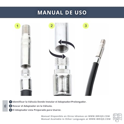 IBRIQO® Adaptador de Válvula Antirretorno de Inflado para Patinetes Eléctricos | Prolongador/Alargador Universal Xiaomi, Cecotec, SmartGyro, Bicicletas, Coches, Motos | Accesorios Inflador Patinete