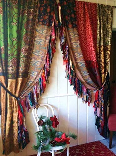 2 Cortinas de Seda Estilo Sari Multicolor Hechas a Mano para decoración del hogar,