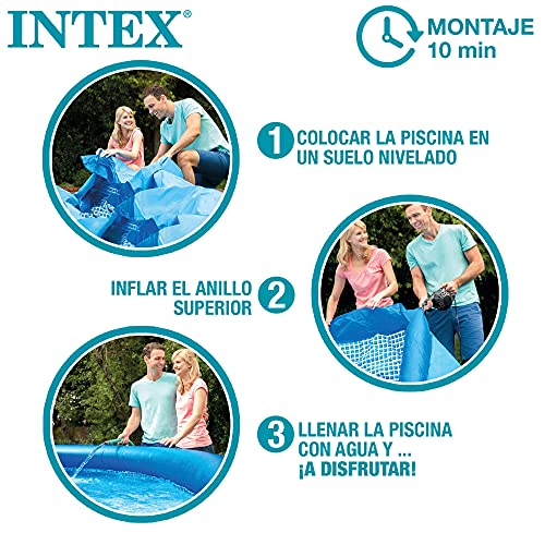 Intex Piscina exterior inflable 28120NP Easy Set de 10 pies x 30 pulgadas, 3853 litros de capacidad de agua, piscina lista para el agua en 10 minutos, azul (bomba no incluida)